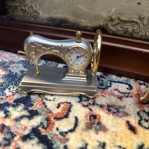 Miniature Silver and Gold Sewing Machine Clock